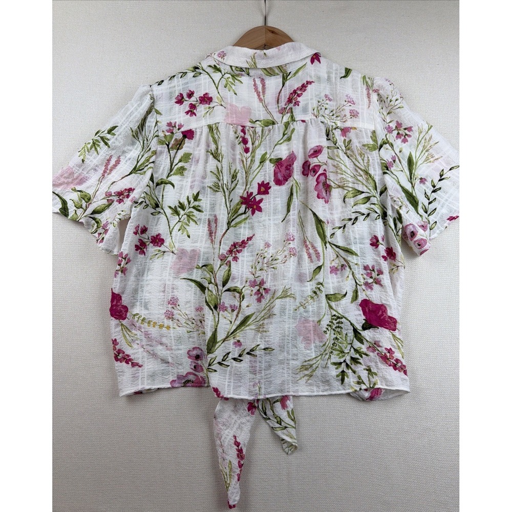 Floral Button Up Crop Top Tie Front Blouse XL Coastal Resort Preppy Fairy Beachy - Picture 9 of 13